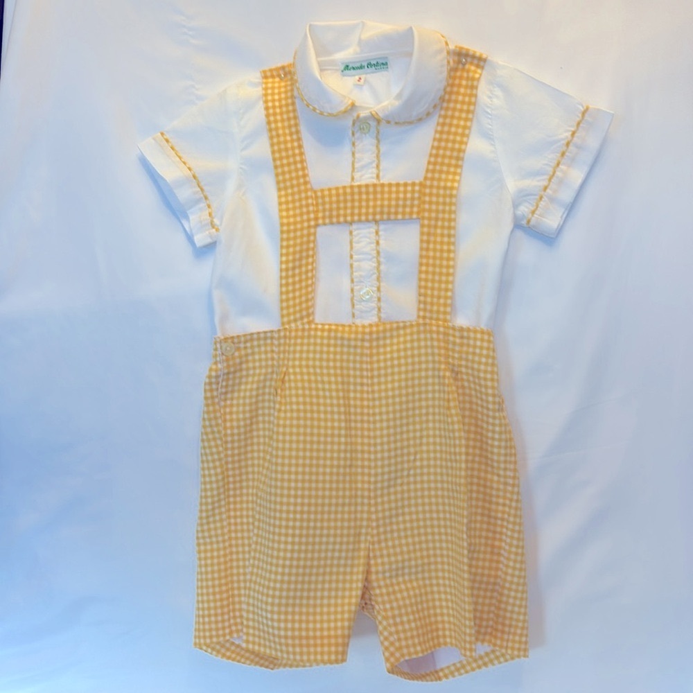 NWOT VINTAGE EUROPEAN MERCEDES CORTINA  OVERALLS/ SHIRT SET YELLOW & WHITE 2T